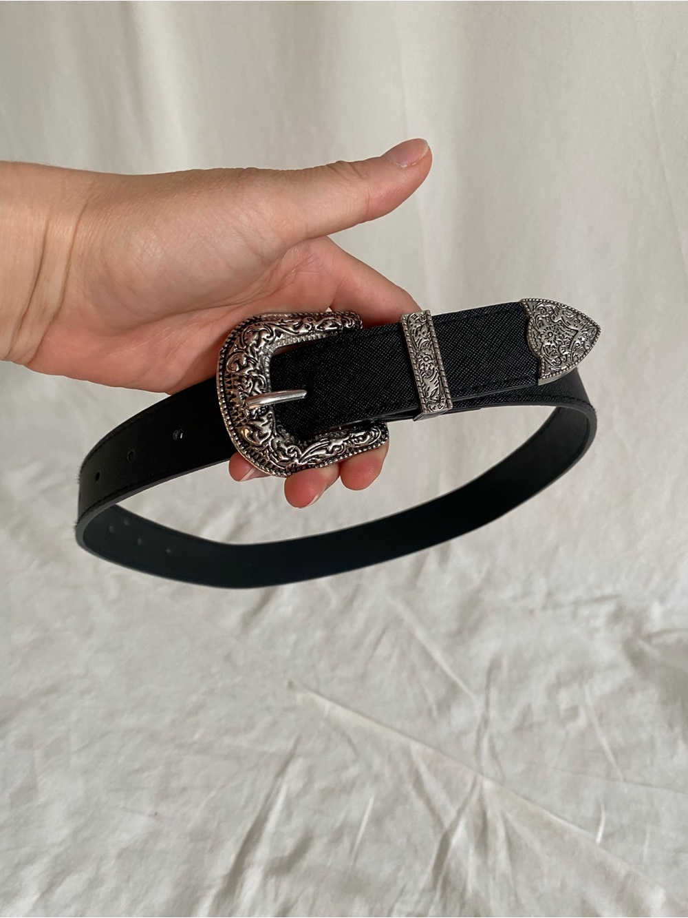 Black Women's Western Belt with Ornate Silver Buckle